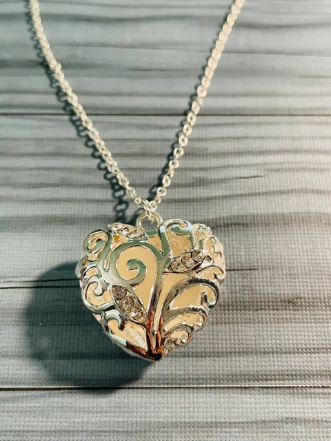 Hollow Heart Pendant Necklace Silver Tone Soft White Hollow Heart NEW