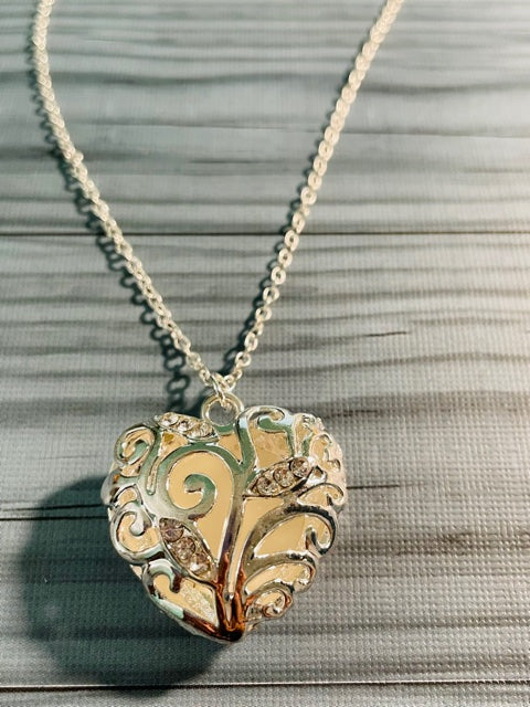 Hollow Heart Pendant Necklace Silver Tone Soft White Hollow Heart NEW