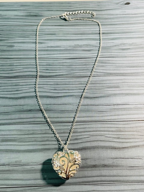 Hollow Heart Pendant Necklace Silver Tone Soft White Hollow Heart NEW