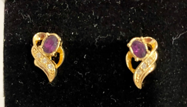 AVON Vintage Faux Amethyst Gold tone with Diamonds Clip Earrings NEW in BOX 1995