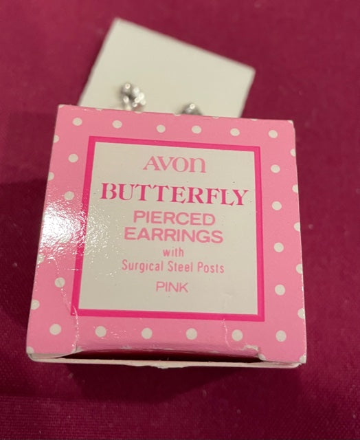 AVON Vintage Beautiful Plastic Pink Butterfly Pierced Earrings with Surgical Steel Posts NEW in BOX 1982