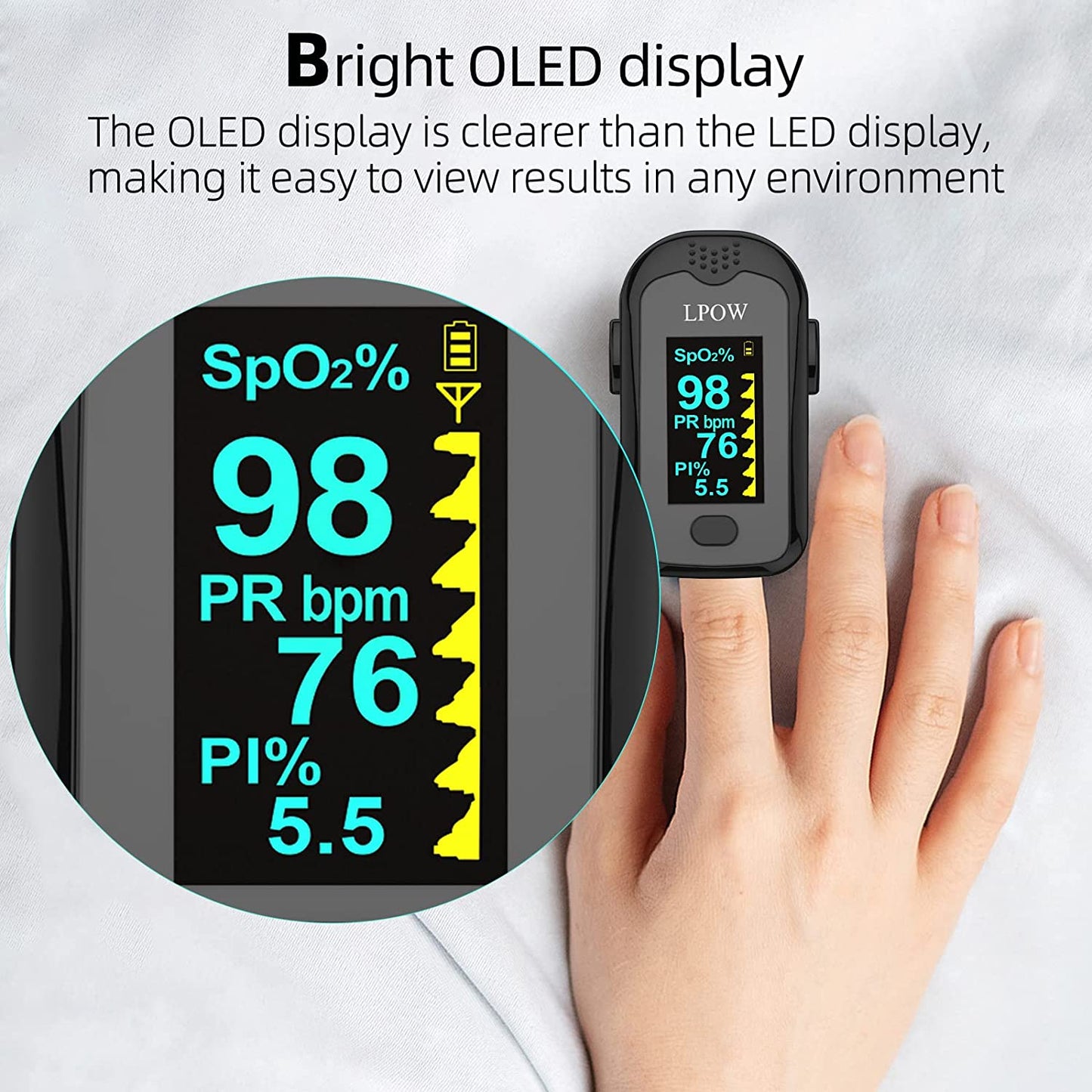 Bluetooth Pulse Oximeter Fingertip, OLED Display, Blood Oxygen Saturation Monitor (SpO2) and Pulse Rate, Perfusion Index with Alarm, APP for Smart Tracking, Batteries and Lanyard Included - deal of month