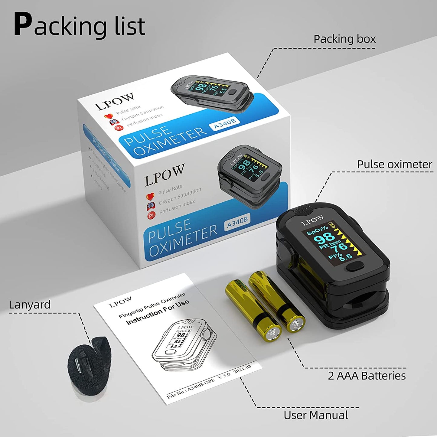 Bluetooth Pulse Oximeter Fingertip, OLED Display, Blood Oxygen Saturation Monitor (SpO2) and Pulse Rate, Perfusion Index with Alarm, APP for Smart Tracking, Batteries and Lanyard Included - deal of month