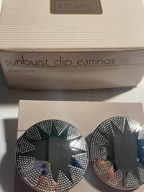 Vintage AVON Silver Tone Sunburst Clip Earrings NEW in Box 1987