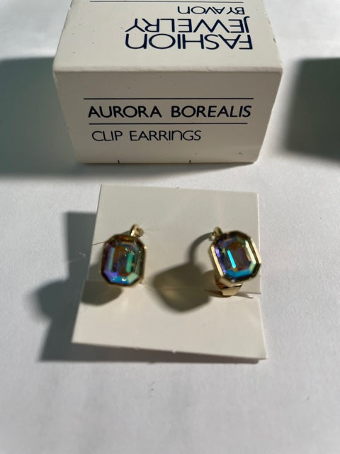 Vintage AVON Aurora Borealis Gold tone Clip Earrings NEW in Box 1981