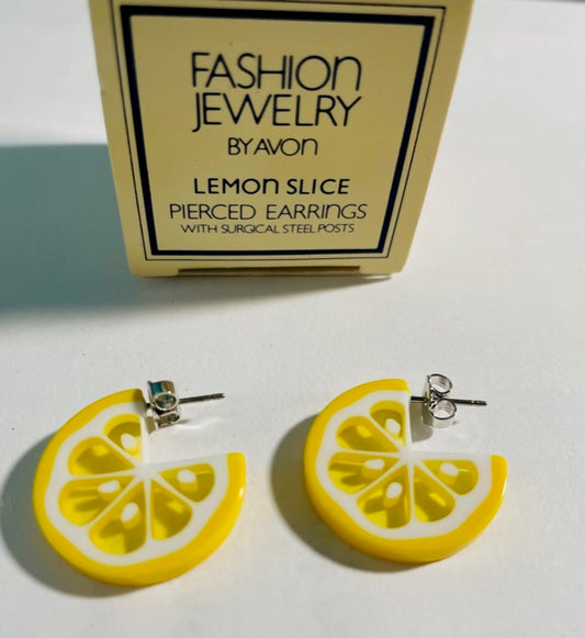 Vintage AVON Cute Lemon Slice Pierced Earrings with Surgical Steel Posts NEW in Box 1982