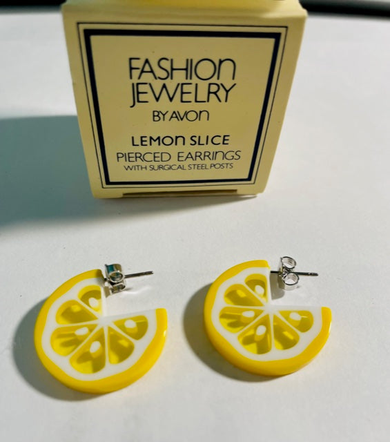 Vintage AVON Cute Lemon Slice Pierced Earrings with Surgical Steel Posts NEW in Box 1982