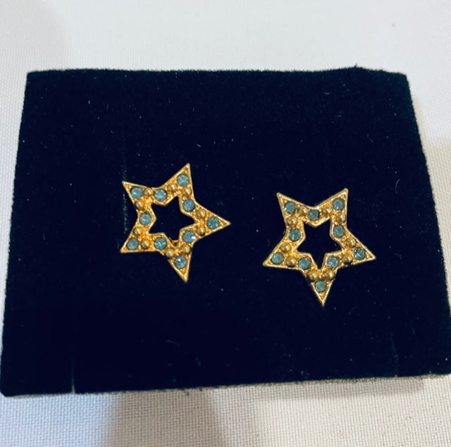 NEW AVON Vintage Cute Gold and Blue Sparkle Star Pierced Earrings with Surgical Steel Post