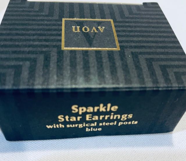 NEW AVON Vintage Cute Gold and Blue Sparkle Star Pierced Earrings with Surgical Steel Post