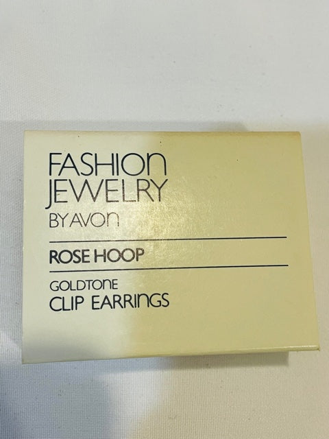 AVON Vintage Gorgeous Rose Hoop Gold tone Clip Earrings NEW in BOX