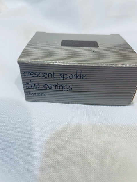 AVON Vintage Crescent Sparkle Silver Tone Clip Earrings NEW in BOX