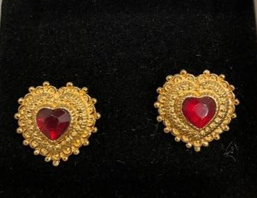 AVON Vintage Harmonious Heart Clip Earrings Gold Tone with Faux Red Diamond NEW in BOX 1994