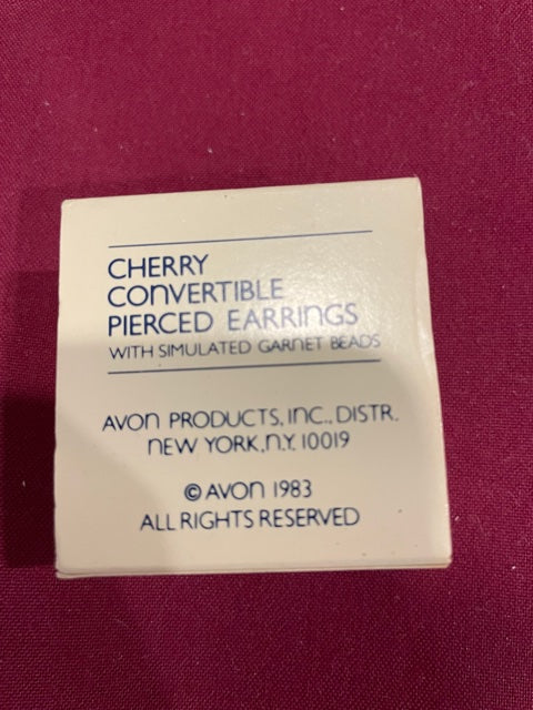 AVON Beautiful Vintage Cherry Convertible Pierced Earrings with Simulated Garnet Beads NEW in BOX 1983