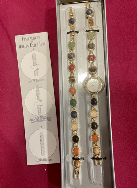 AVON Vintage Gorgeous Semi Precious Cabochon Watch with Gemstone Matching Bracelet New in Box