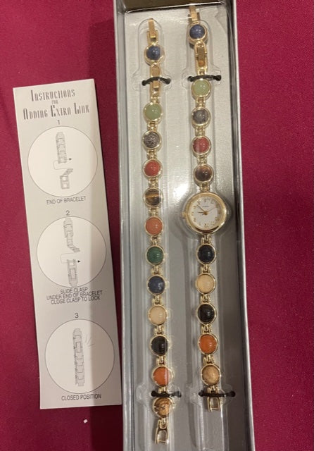 AVON Vintage Gorgeous Semi Precious Cabochon Watch with Gemstone Matching Bracelet New in Box