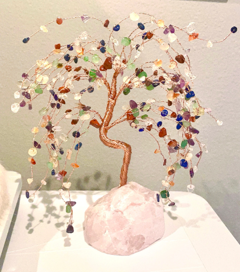 Seven Chakra crystal tree of life, 7 chakra Willow tree w/ a large pink quartz base, handmade fengshui tree for positive energy, 8.5” tall TIKTOK