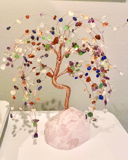 Seven Chakra crystal tree of life, 7 chakra Willow tree w/ a large pink quartz base, handmade fengshui tree for positive energy, 8.5” tall TIKTOK