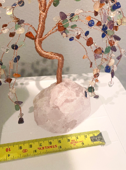 Seven Chakra crystal tree of life, 7 chakra Willow tree w/ a large pink quartz base, handmade fengshui tree for positive energy, 8.5” tall TIKTOK