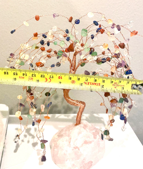 Seven Chakra crystal tree of life, 7 chakra Willow tree w/ a large pink quartz base, handmade fengshui tree for positive energy, 8.5” tall TIKTOK